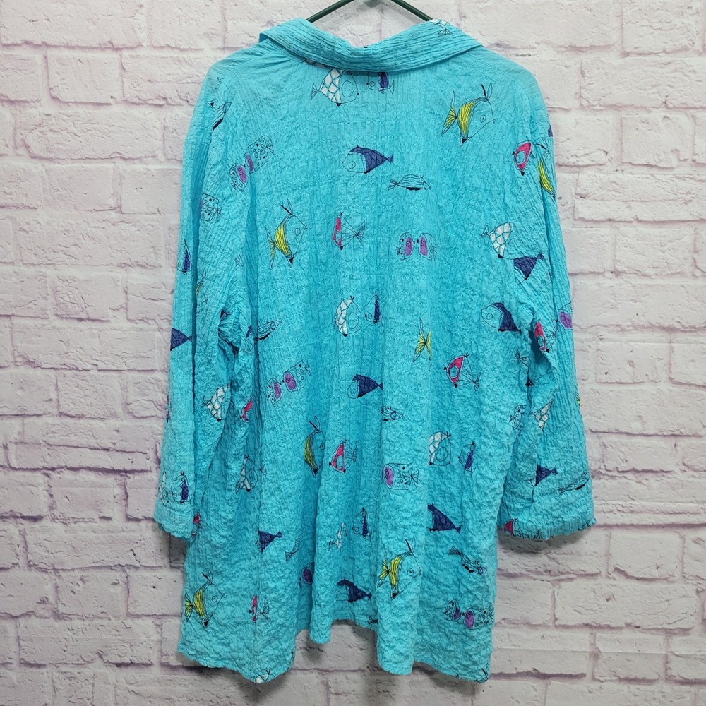 Habitat Blue Fish Print Crinkle Button Up Shirt XL Quirky Art Lagenlook Funky - Picture 2 of 8